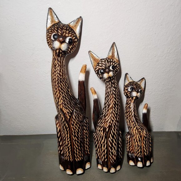 NEW Vintage Set of 3 Cats Wooden Balinese Carved TALL Cat Statues Wall Decor Bal